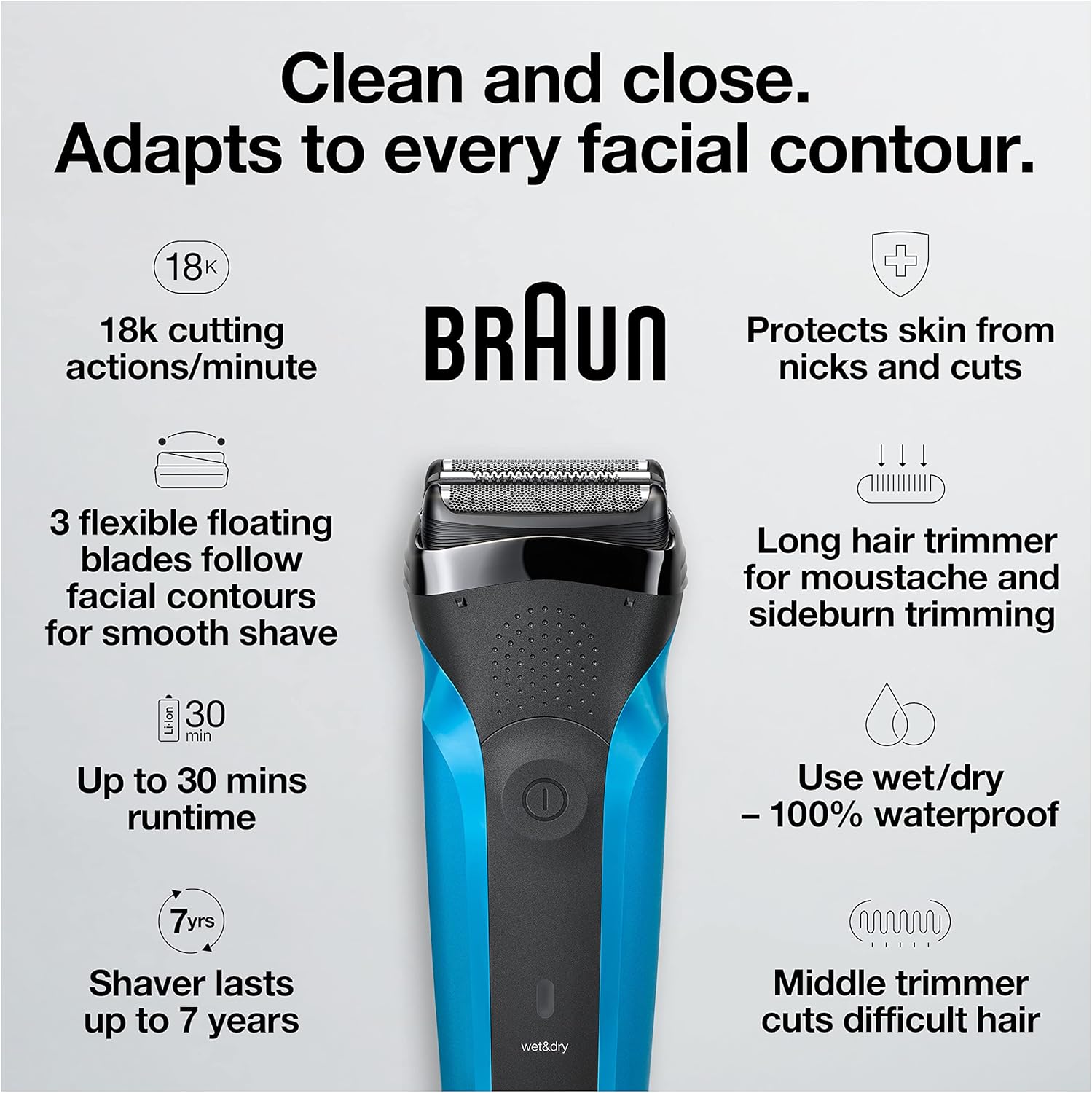 Series 3 3010s Wet & Dry Electric Shaver for Men/Rechargeable Electric Razor, Blue - Image 3
